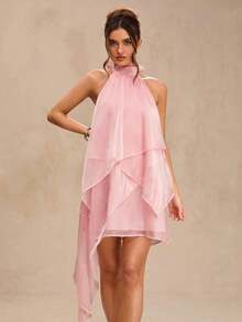 Vestido de satén de línea A con escote halter y espalda descubierta de unicolor amarillo/crema, adecuado para primavera/verano, vacaciones, playa, invitada elegante de boda, fiestas, ocasiones de otoño/invierno, Navidad elegante, Halloween - Rosa - Ver 7