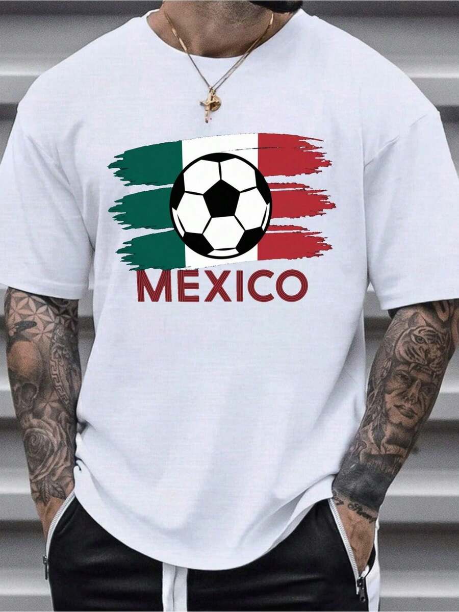 1 Camiseta de manga corta para hombre de algodón, color liso, con letras inglesas, bandera de México y balón de fútbol estampado, cuello redondo, ideal para uso diario, salidas, ocio, deportes, viajes escolares, reuniones familiares y otras ocasiones. Camiseta de manga corta, camiseta de verano, múltiples camisetas se pueden regalar como obsequio a familiares. Estilo Y2k de los 2000. - Negro - Ver 1