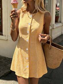 Vestido midi casual de mujer con abertura frontal a cuadros, adecuado para el trabajo, el campus y las vacaciones. Vestido de verano, vacaciones, primavera, picnic, boda, cumpleaños, salida, elegante, casual, Y2K, temporada de graduación, ropa casual de oficina, vestido versátil y elegante de uso diario sin mangas, vestido con botones, vestido estilo preppy, vestido de guinga, vestido azul y blanco para mujer - Amarillo - Ver 12