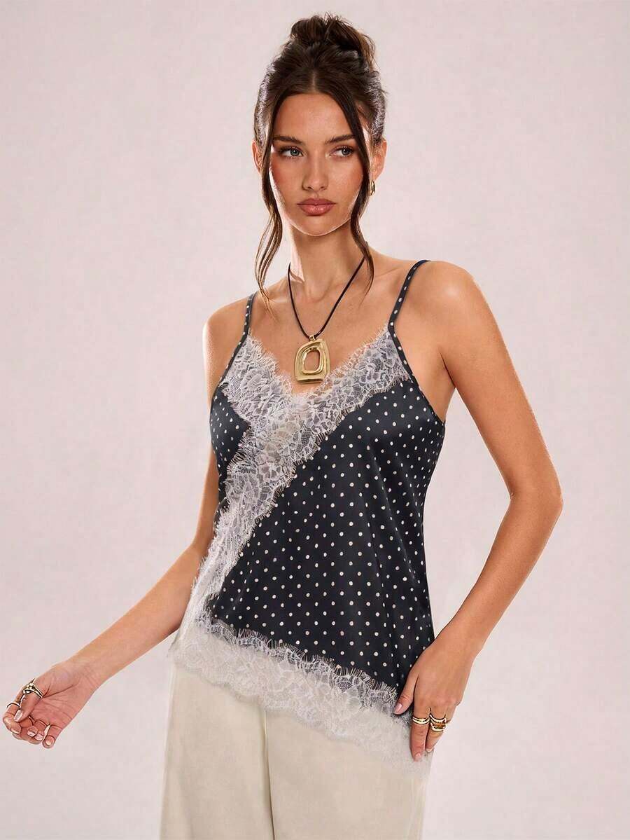 Camiseta de tirantes asimétrica con entramado de encaje transparente - Multicolor 5 - Ver 1