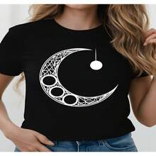 Women's Sexy Casual Cotton Round Neck Short Sleeve T-Shirt Moon Print Top - Negro - Ver 1