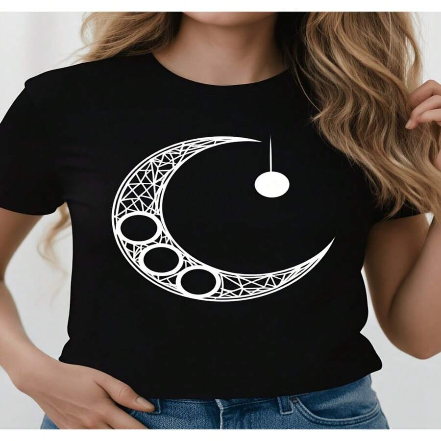 Women's Sexy Casual Cotton Round Neck Short Sleeve T-Shirt Moon Print Top - Negro - Ver 1