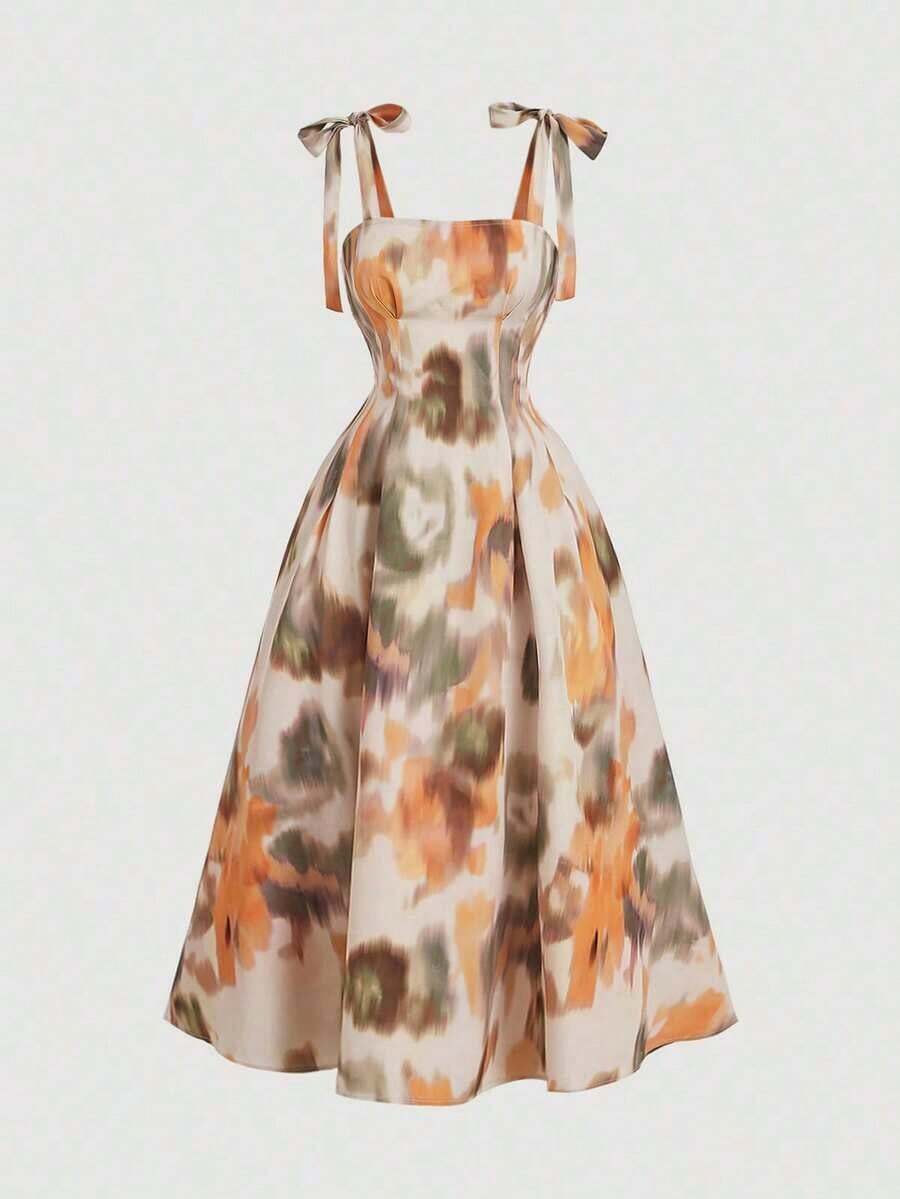 Vestido de mujer con tirantes con volantes, diseño floral abstracto vintage, apropiado para otoño/invierno, para playa, fiesta, homecoming, brunch, boda de otoño, elegante, vintage, estilo años 90, estilo cottage core, moda coreana, atuendos de - Multicolor - Ver 1