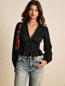 Camisa casual de mujer de unicolor con cuello en V y detalle de nudo en la parte delantera, de manga larga - Negro - Ver 6