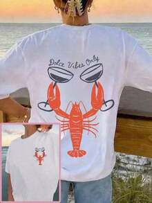 Ilustración de Langosta con Sabor a Soda de Sal Marina, Ropa de Playa de Verano, Camiseta Blanca de Manga Corta con Cuello Redondo, Corte Holgado y Casual para Mujer -Tayzi UV6R - Blanco - Ver 1