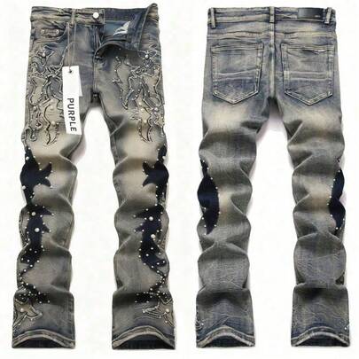 Men Purple Jeans High Street Retro Punk Style Heavy Duty Beaded Embroidery Printed Flared Slim Fit Jeans Ready Stock