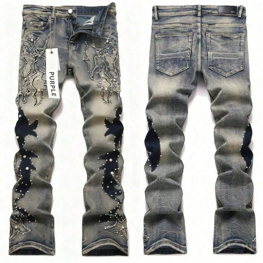 Men Purple Jeans High Street Retro Punk Style Heavy Duty Beaded Embroidery Printed Flared Slim Fit Jeans Ready Stock - Blue - View 1