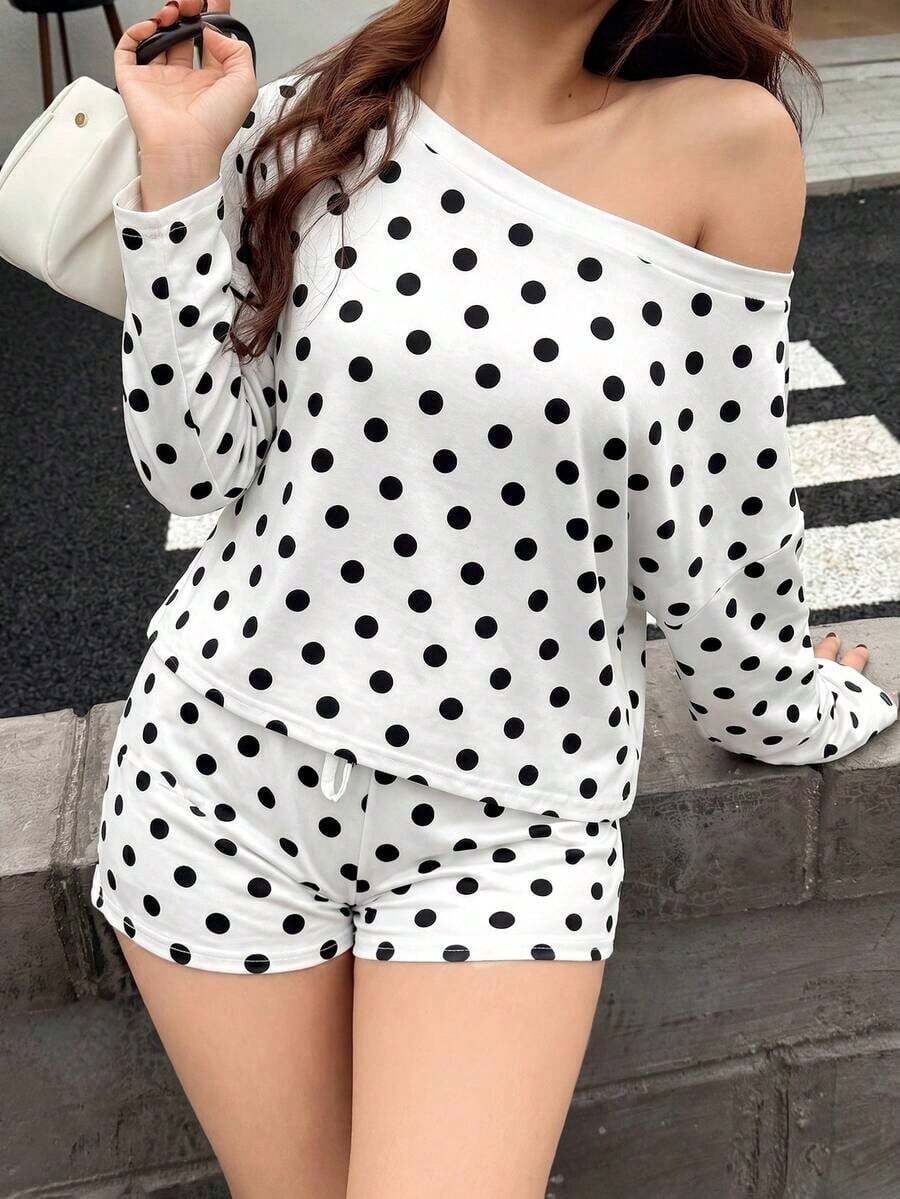 Conjunto de 2 piezas holgado a rayas para mujer, incluye top de manga larga con hombros oblicuos + shorts con cordón, conjunto de ropa de estar en casa informal - Multicolor 3 - Ver 1