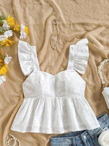 Blusa de corte de línea A con cuello cuadrado, manga corta y estampado retro azul y blanco, adecuada para fiestas, citas, el Día de San Valentín, el té de la tarde - Blanco - Ver 5
