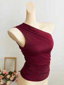 Blusa corta de un hombro con pliegues color albaricoque, minimalista, casual, elegante y versátil para uso diario de mujer, primavera/verano - Burdeos - Ver 5