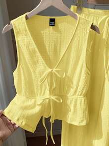 Conjunto de 2 piezas casual para mujer con top de cuello en V y pantalones en punto liso negro - Amarillo - Ver 3