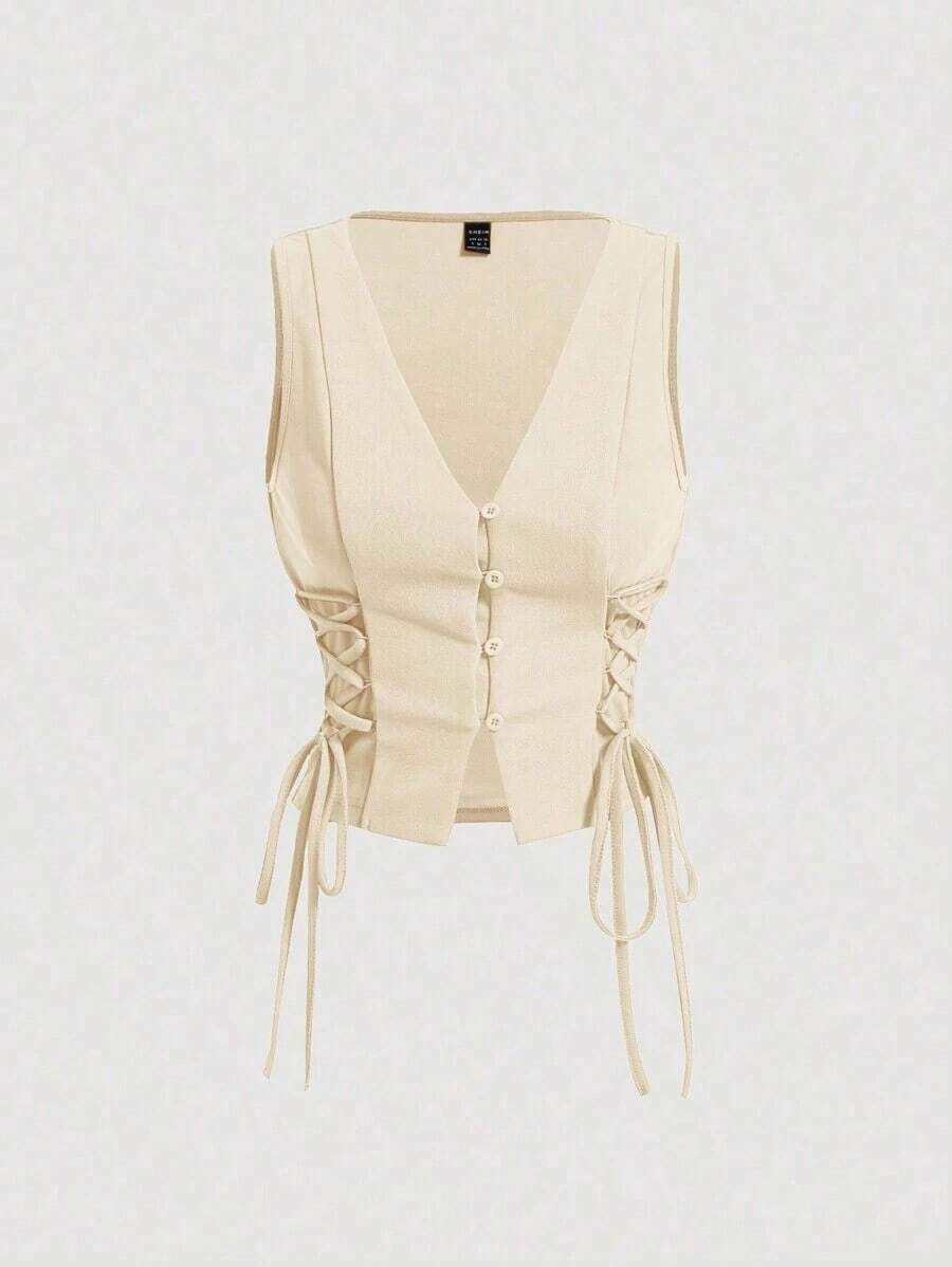 Parte superior de tirantes cruzados con botones de color rojo para mujer, ideal para el verano - Albaricoque - Ver 1