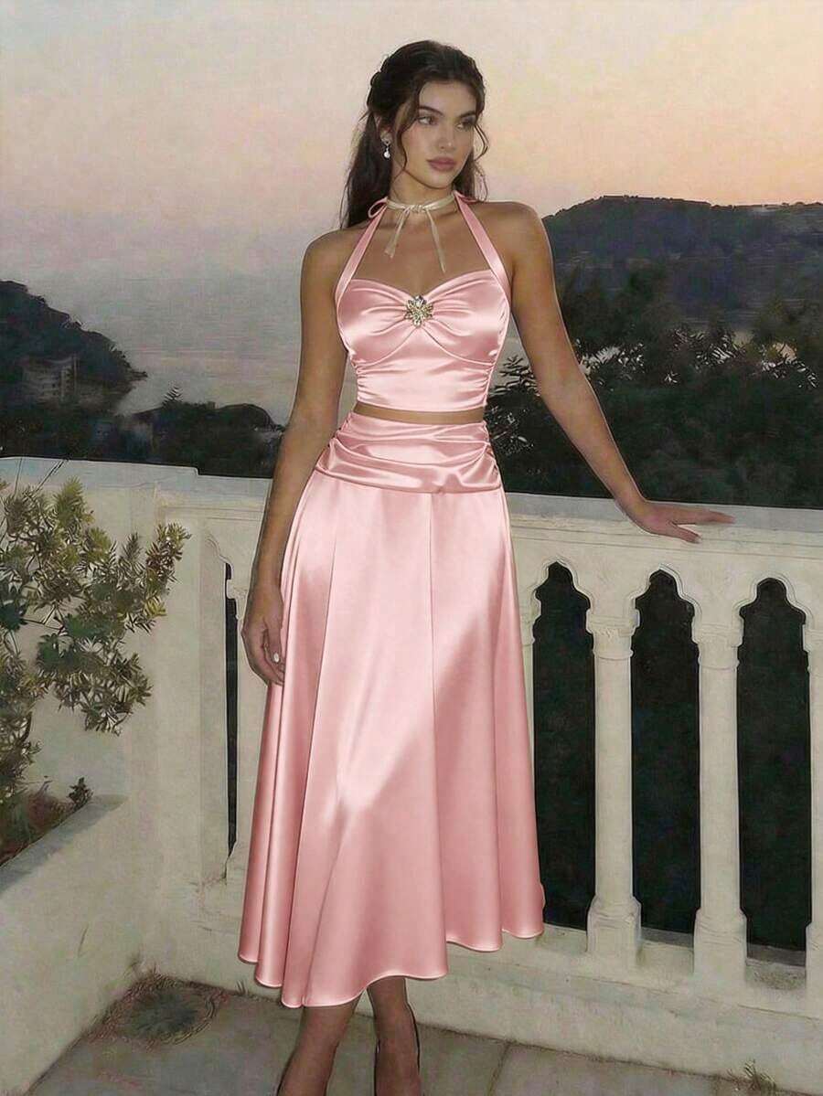Set de 2 piezas de top halter y minifalda de jacquard para mujer, conjunto de falda y top blanco, ropa de otoño para mujer, atuendo para fiesta, boda, salida, conjunto elegante de mujer, conjunto chic de mujer, ropa de campo para mujer - Rosa - Ver 1