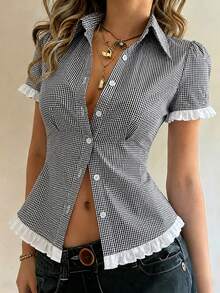 Women's Blue Plaid Patchwork Ruffle Trim Fitted Casual, Commute, Daily, Holiday, Afternoon Tea, Work Short Sleeve Blouse Shirt Summer - Navy Blue - View 5