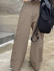 Pantalones casuales de pierna ancha con cordón en contraste y ribeteamionto - Caqui - Ver 2