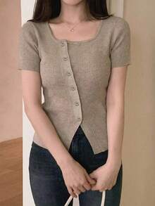 Blusa casual de mujer de punto acanalado con botones y manga corta - Marrón Mocha - Ver 5