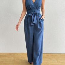 Women's Elegant Vacation Criss-Cross Front Tie Up Pockets Wide Leg Casual Jumpsuit - Azul - Ver 4