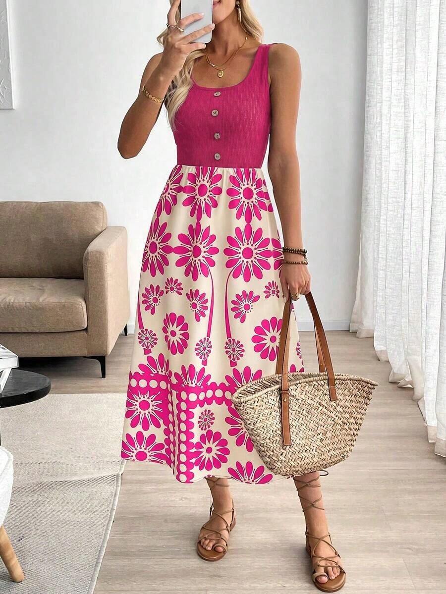 Vestido ajustado sin mangas con estampado de retazos de estilo vacacional para mujer - Rosa - Ver 1