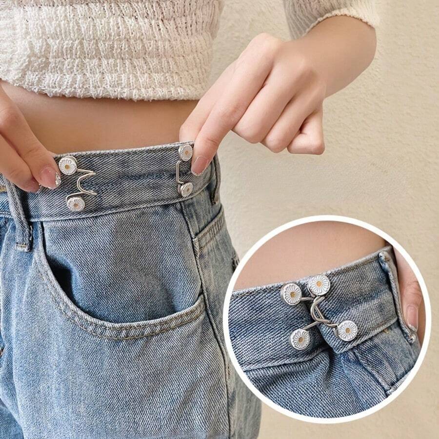 2 piezas de botones ajustables sin coser para jeans - Apretador de cintura reutilizable e invisible para pantalones y ropa, de metal duradero