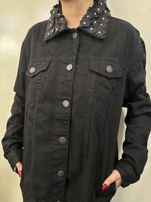 pthirillo Women's Black Denim Jacket Maxi Oversized Denim Black Cotton Long Sleeve Premium Street Style Retro Casual Loose Fit With Pockets Cowboy Style Show Pearls | Basic - 花卉領 - 查看 7