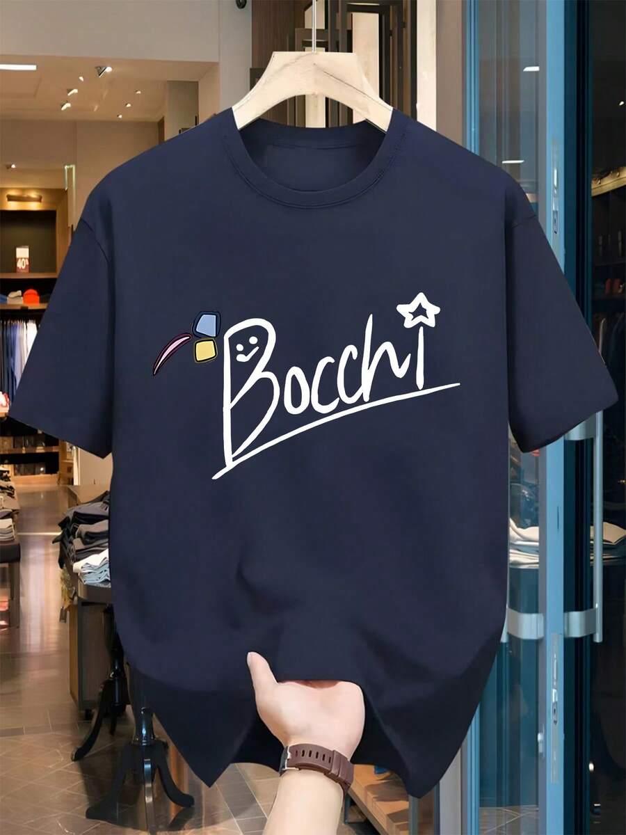 Stylish Casual Sports T-Shirt - Breathable Quick-Drying Fabric, Crew Neck, Short Sleeve, Perfect For Running And Outdoor Activities, White With "Bocchi" Graphic Design, Summer Essential, Sportswear| Crew Neck T-Shirt| Comfortable Fit - 海軍藍 - 查看 1