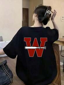 Camiseta de manga corta estilo Y2K para mujer con estampado de letras rojas y blancas "W", cuello redondo, longitud regular - Top casual de verano para atuendos informales, camisetas para mujeres-Breathable woman Todo tipo de impresiones, chaqueta, camiseta de cuello redondo, casual, para oficina, para viajar, muy popular, viento deportivo, estampado/patrón, camiseta de algodón 100%, camiseta casual, cómoda, suave, transpirable The latest popular bestseller - Negro - Ver 6