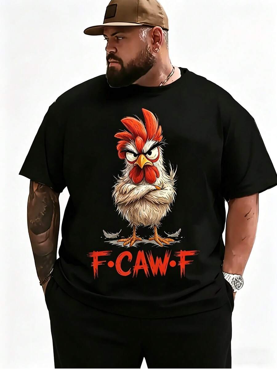 Camiseta divertida para hombre y mujer con diseño de pollo F-Caw-F - Camiseta retro holgada de manga corta 100% con gallo enojado y eslogan FCAWF, ideal para amantes de la avicultura como un regalo casual y humorístico, para usar en todas las estaciones, talla grande - Negro - Ver 1
