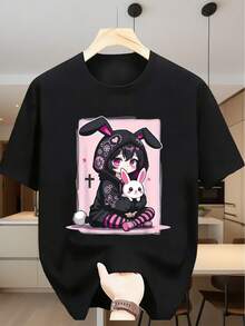 Camiseta de manga corta para hombre con estampado de anime de chica con orejas de conejo, estilo dulce y genial en dos dimensiones, refrescante y transpirable, adecuada para el uso diario, prenda única. - Negro - Ver 1