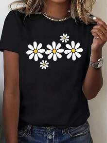 Camiseta de manga corta con estampado floral de margaritas negras para mujer |       Camiseta casual de cuello redondo y corte relajado con tela transpirable de elasticidad media. |       Camiseta suave no transparente para primavera, verano y otoño |        Disponible |       Ropa de Vacaciones Sencilla y Elegante |       Camiseta 100% algodón lavable a máquina - Negro 2 - Ver 6