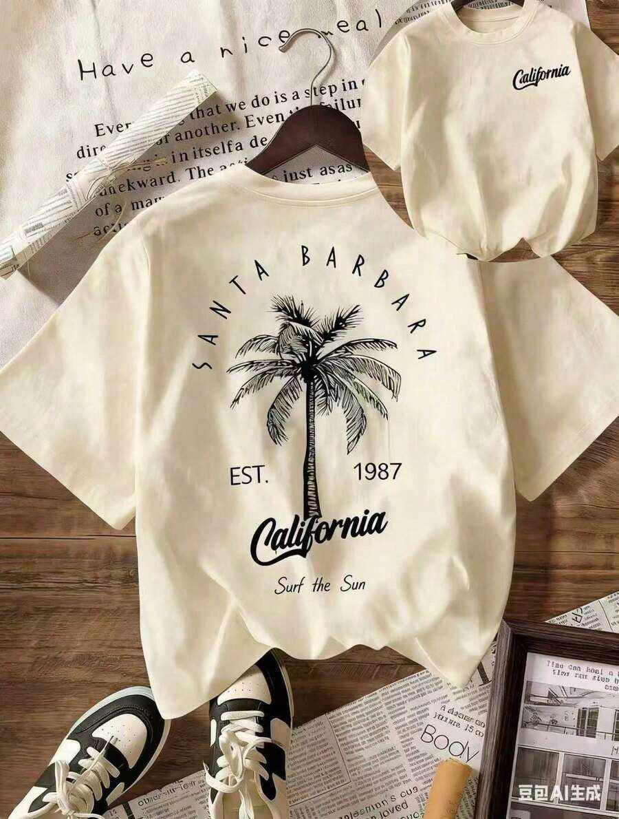 Camiseta Casual de Manga Corta con Cuello Redondo para Mujer "Vacaciones de Verano en la Playa de California" con Diseño de Cocotero, Nueva Camiseta Elegante, vestidos de graduación - Albaricoque - Ver 1