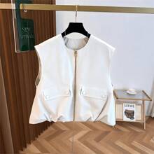 Chaleco corto sin mangas para mujer, con dobladillo de burbuja de unicolor fresco de otoño, cuello redondo con cremallera, de moda y versátil, ajustado negro de verano - Blanco - Ver 7