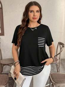 Camiseta casual de talla grande con bolsillo y rayas de contraste, prenda de vestir occidental estilo boho bohemio, top de festival de los 90, verano y primavera - Negro - Ver 4