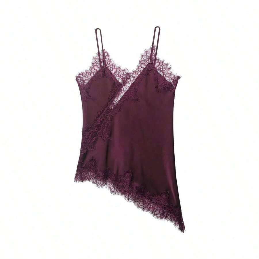Seelio Nuevo Top de estilo lencería sexy con decoración de encaje, estilo europeo y americano, para mujer, color negro, para verano - Rojo violeta - Ver 1