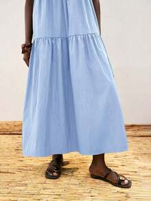 Vestido casual de vacaciones con diseño de volantes escalonados en verde jade, vestido cómodo con cuello redondo, división horizontal, parches y fruncidos, atuendo bohemio de playa, elegante vestido de estilo occidental para vacaciones de muje - Azul - Ver 5
