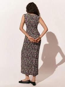 Vestido de verano con escote en V sin mangas con estampado floral diminuto para vacaciones en la playa - Rosa - Ver 5