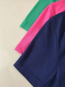 3 piezas Camisetas de manga corta casuales y versátiles de unicolor con pliegues para mujer - Multicolor 4 - Ver 4