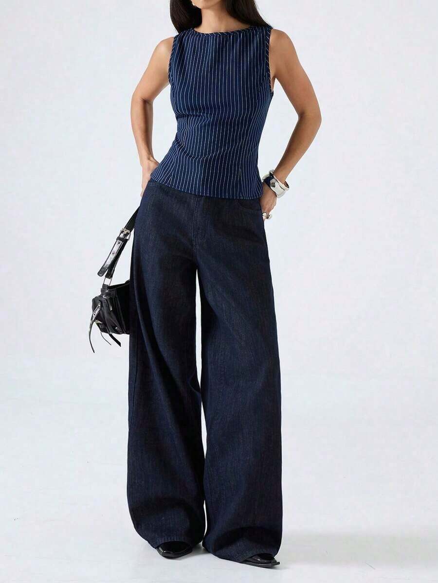 2026 Nueva Camiseta de Tirantes Ajustada de Cuello Redondo a Rayas de Color Albaricoque Minimalista, Adecuada para Trabajo/Casual de Negocios/Oficina, Top de Moda para Mujer - Azul - Ver 1