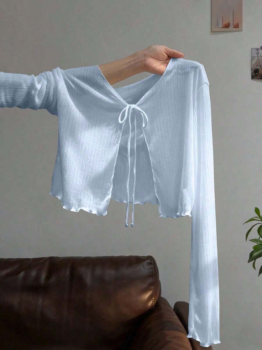 Vestido camisero con adorno de encaje, blusa de punto transparente de manga larga como cubridor para mujeres, para el verano - Celeste - Ver 1