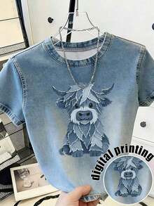 Camiseta casual de mujer con cuello redondo y mangas cortas, con efecto desgastado, versátil para uso diario - Multicolor 8 - Ver 1
