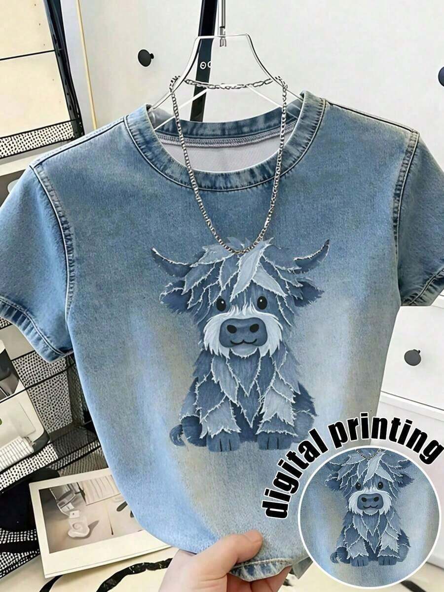 Camiseta casual de mujer con cuello redondo y mangas cortas, con efecto desgastado, versátil para uso diario - Multicolor 8 - Ver 1