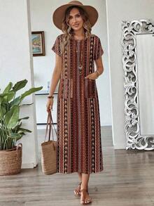 Vestido casual de mujer con estampado floral y manga corta, ideal para vacaciones de verano - Multicolor 5 - Ver 5