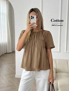 Camisa casual de mujer de unicolor, cuello redondo, manga corta y plisada - Marrón Mocha - Ver 3