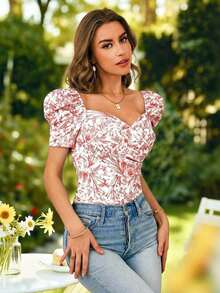 Blusa de mujer casual y elegante con estampado floral romántico y cuello en V, manga abullonada, para primavera/verano.Blusa floral de verano, blusa de primavera, blusa de manga abullonada, blusa floral, Blusa floral francesa suave del verano 2026 con cuello de corazón, manga abullonada y ajuste ceñido, blusa de manga corta linda para vacaciones, camisa delgada versátil para uso diario - Rojo - Ver 6