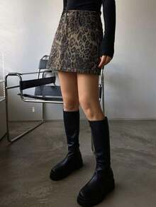 Falda vaquera casual con botones delanteros y bolsillos con estampado de leopardo - Marrón 6 - Ver 7