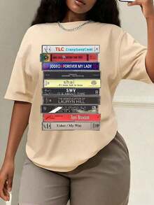 90s R&B Cassette Print T-Shirt, Women's Spring/Summer Clothing, Crew Neck T-Shirt, Women's T-Shirt, Women's Summer Short Sleeve Top, Women's Spring/Summer Sets - 杏 - 查看 1
