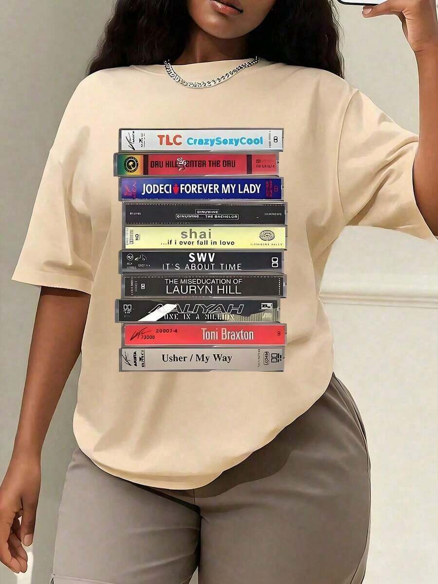 90s R&B Cassette Print T-Shirt, Women's Spring/Summer Clothing, Crew Neck T-Shirt, Women's T-Shirt, Women's Summer Short Sleeve Top, Women's Spring/Summer Sets - 杏 - 查看 1