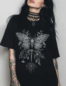 1 pieza de camiseta de mariposa, camiseta gótica de mariposa, camiseta de mariposa en blanco y negro, camiseta vintage con estampado de polilla, camiseta estética de insecto, camiseta de insecto celestial, 100% algodón. - Negro 6 - Ver 6