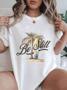 Camiseta casual con estampado de tabla de surf de diseo de palmera "Be Still" para mujer, adecu para todas las estaciones - Blanco - Blanco - Ver 2