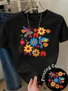 Solt 1pscNueva camiseta de mujer para otoño-invierno, de manga corta con cuello redondo, ideal como prenda básica. Con diseño holgado y estampado moderno, hecha de algodón puro de alta calidad, ofrece comodidad y una sensación agradable en tu día a día.100%cotton graphic - Negro 1 - Ver 2