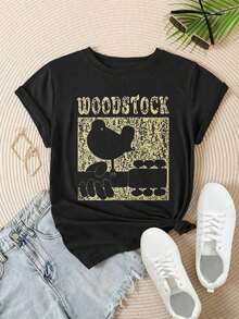 Camiseta Casual de Moda para Mujer con Estampado Vintage de Pájaro, Árbol y Símbolo de la Paz, Adecuada para Todas las Temporadas  
 BlackFashion - Negro - Ver 2